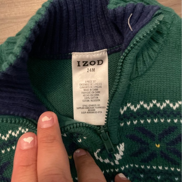 Izod Green Kids Sweater with White and Blue Pattern quarter zip size 24M - Picture 5 of 5